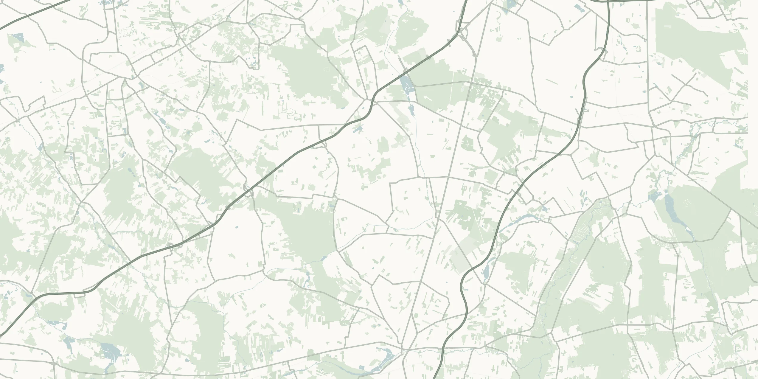 Mapa okolicy Krakowian: osiedle wśród pól, rezerwaty Młochowski Łęg i Młochowski Grąd tuż obok, Las Młochowski i Lasy Sękocińskie na północy, Nadarzyn i trasa S8 powyżej.